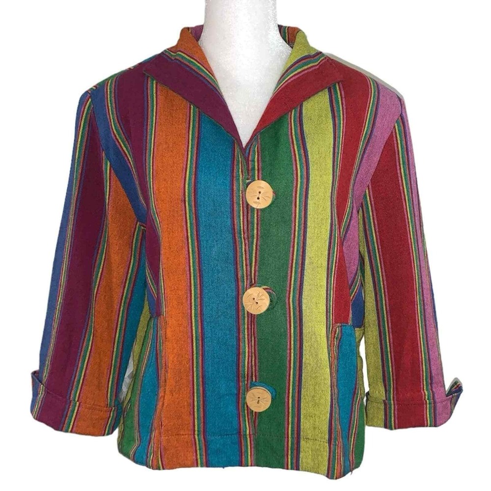 Painted Pony Woven Jacket Womens Medium Multicolor Striped Boho Carved Button